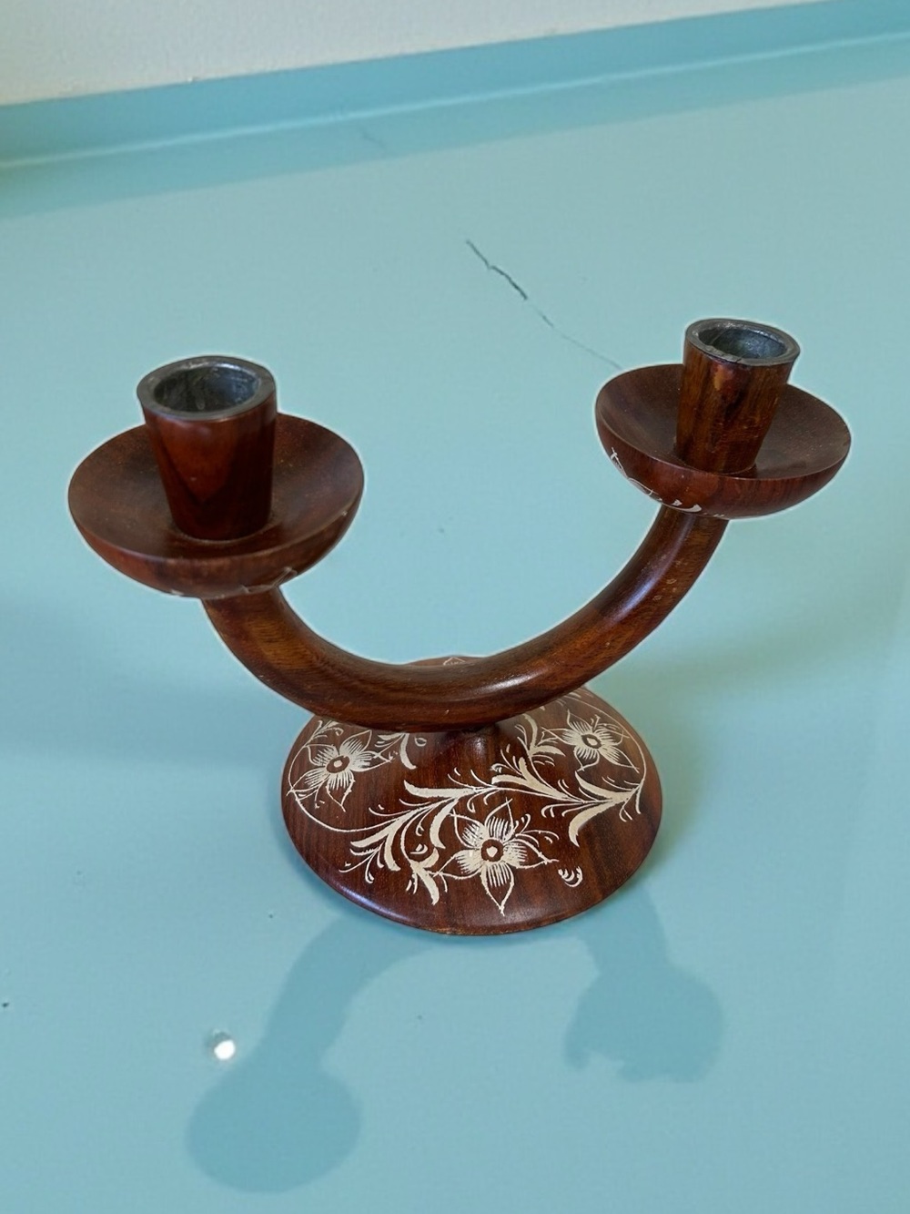 Vintage Handcrafted Wooden 2-Light Candlestick Holder
